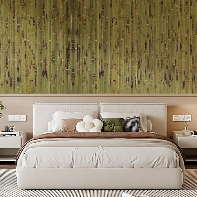 OUZUGIE 2 Pack 96x48 Inch Natural Bamboo Wall Panel – Green Burned Pole Wrap Paneling for Walls, Ceilings, Cabinets, Furniture – Ideal for Bedroom, Living Room & Office DIY Decor