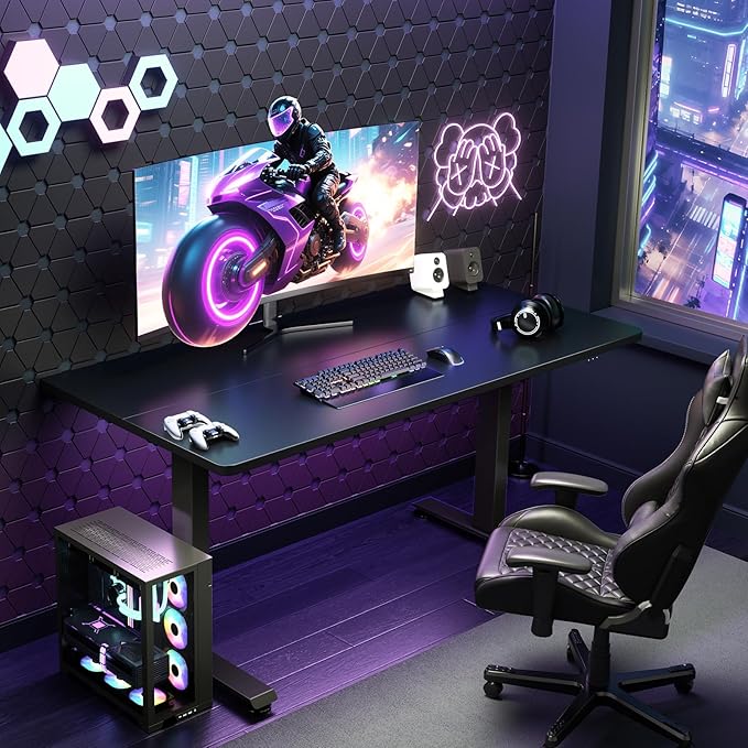 Veken 55 Inch Large Electric Standing Gaming Desk, Heights Adjustable,Sit to Stand Up, Work Home Office Computer Table for Study, Walking Pad, Writing, and Games, Wooden Desktop Desks, Black