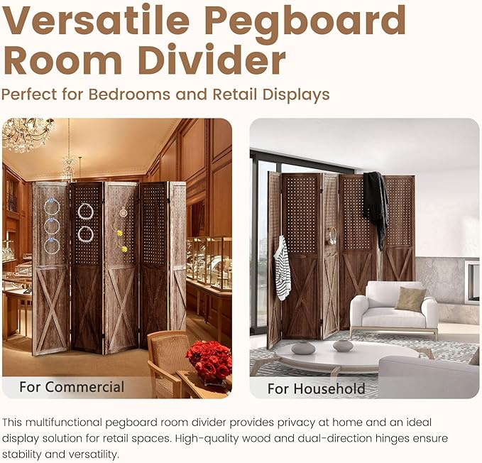 ALeesing 6 Panel Pegboard Room Divider, 5.6Ft Pegboard Display Folding Privacy Screens, Wood Room Divider Peg Board Display Freestanding for Trade Show Craft Show Home Wall Organizer, Brown