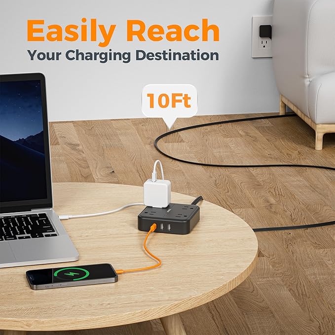Surge Protector Flat Extension Cord 10FT, TESSAN Flat Plug Power Strip with 4 Outlets 3 USB Ports (1 USB C), 900 Joules Protection, Multiple Wall Outlet Extender Suitable for Home Office Dorm, Black