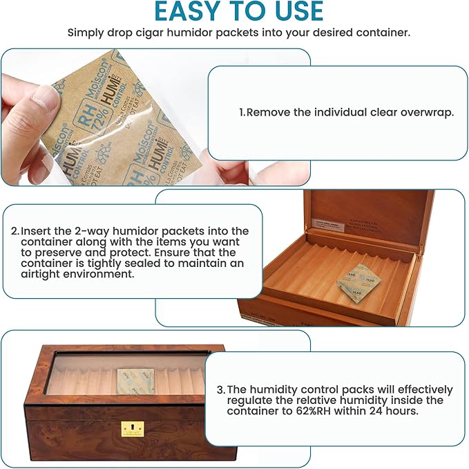 Wisesorb 72% Two-Way Humidity Control Packs- 8 Gram Moisture Absorbers for Herbs, Wood Humidifier Boxes - Natural Craft Paper Design, Individually Sealed Packets, Prevents Leaks [60 Pack]