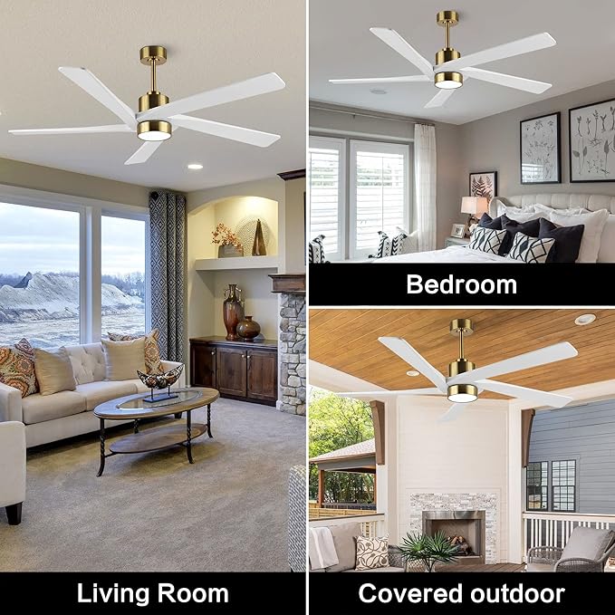 WINGBO 54 Inch DC Ceiling Fan with Lights and Remote Control, 5 Reversible Carved Wood Blades, 6-Speed DC Motor, Modern Ceiling Fan in Brass Finish with White Blades, ETL Listed