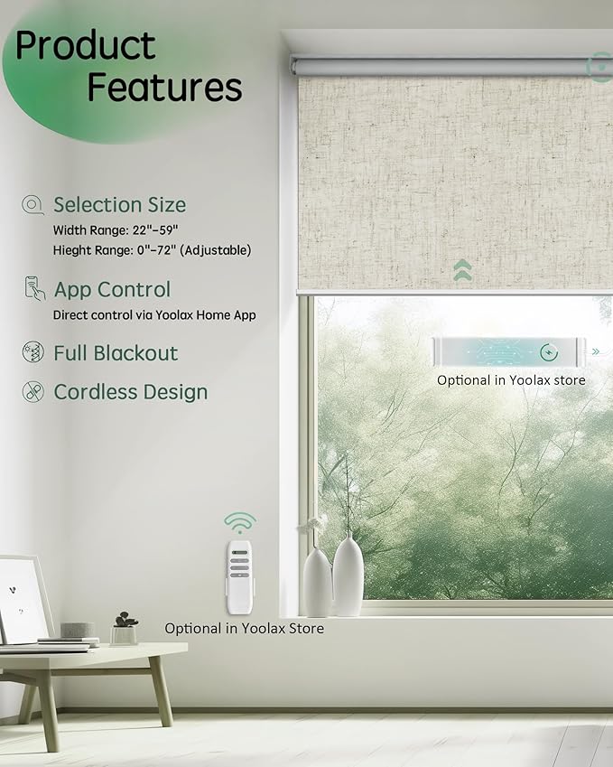 Yoolax Motorized Blinds App Control, Blackout Roller Shades for Windows, Cordless Automatic Shades Roller Window Blinds for Bedroom Living Room Office(Blackout Artisan Beige, 43" W x 72" H)