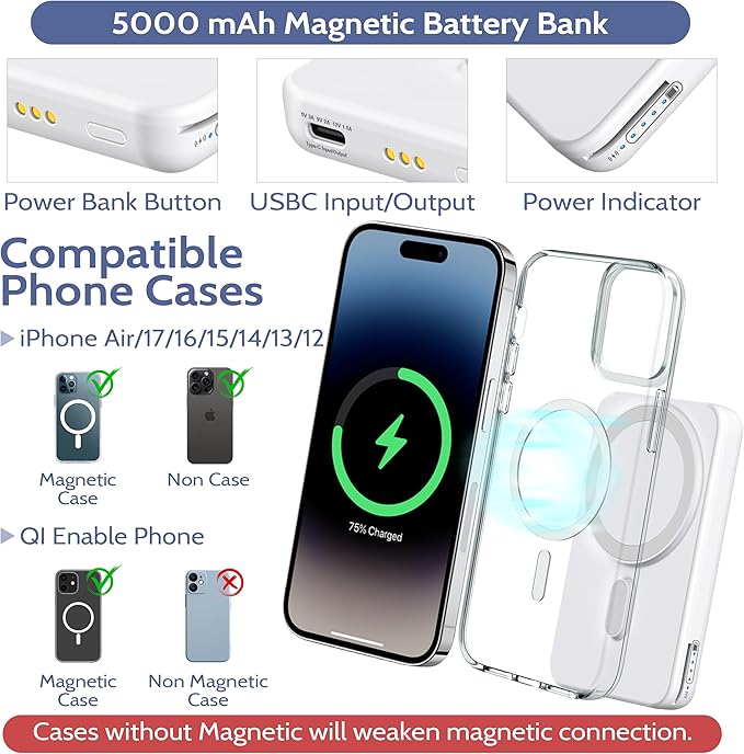 Smtcsl 3-in-1 Wireless Charging Station: Portable 5000mAh Power Bank Charger Compatible for Phone Air/17/16/15/14/13/12 Series and Watch - Detachable Magnetic Charging Stand White