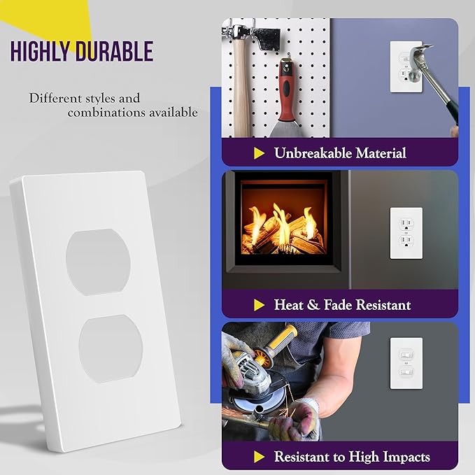 ENERLITES Screwless Duplex Wall Plate, Child Safe Receptacle Outlet Cover, Standard Size, 1-Gang 4.68" x 2.93", Unbreakable Polycarbonate Thermoplastic, UL Listed, SI8821-W, Glossy, White