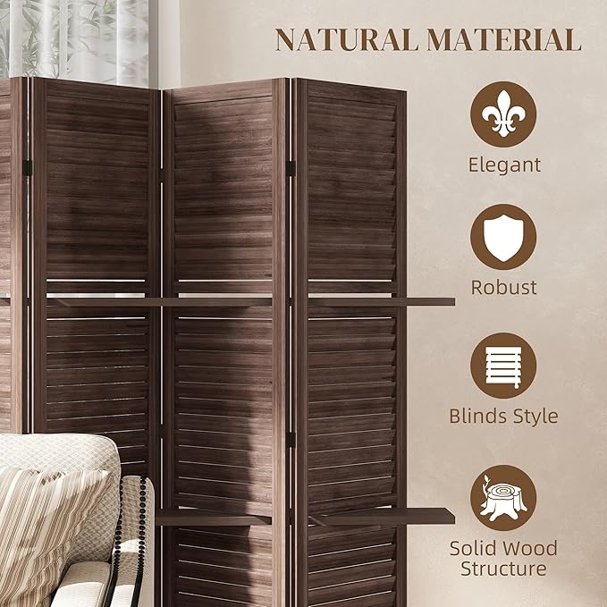 HOMCOM Room Divider, 5 Panel 67" Tall Wood Privacy Screen with 3 Display Shelves, and Folding Storage for Bedroom or Home Office, Walnut