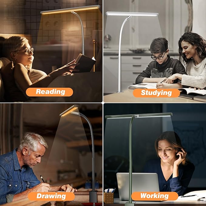 Airlonv LED Desk Lamp for Office Home, Eye-Caring Desk Light with Stepless Dimming Adjustable Flexible Gooseneck, 10W USB Adapter Desk Lamp with Clamp for Reading, Study, Workbench (White)