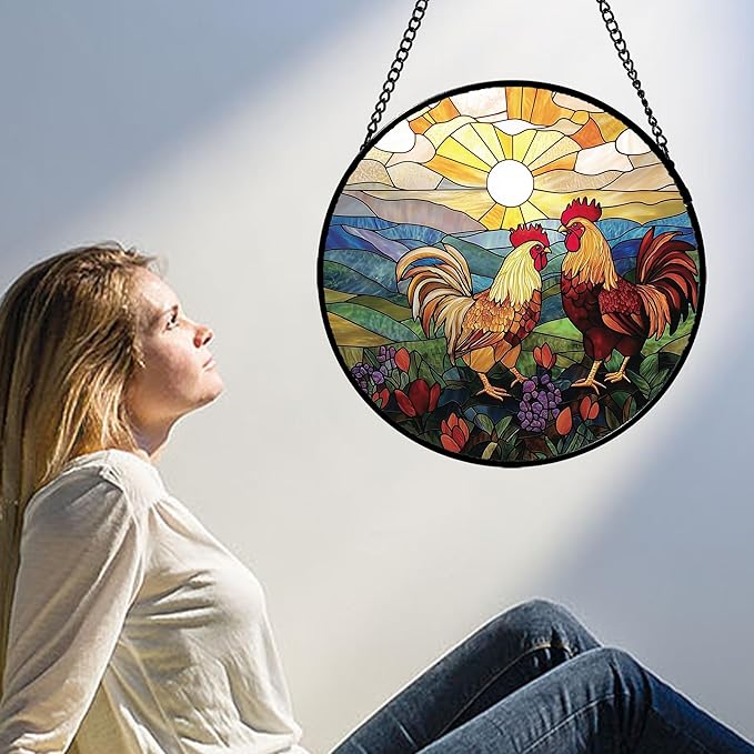 AMDERVEN Stained Glass Window Hanging, Countryside Scenery Chicken Sun Catcher for Door Home Decor Sunrise Suncatcher Christmas Mother's Day Birthday Gifts for Women Men Mom Nana 15 in
