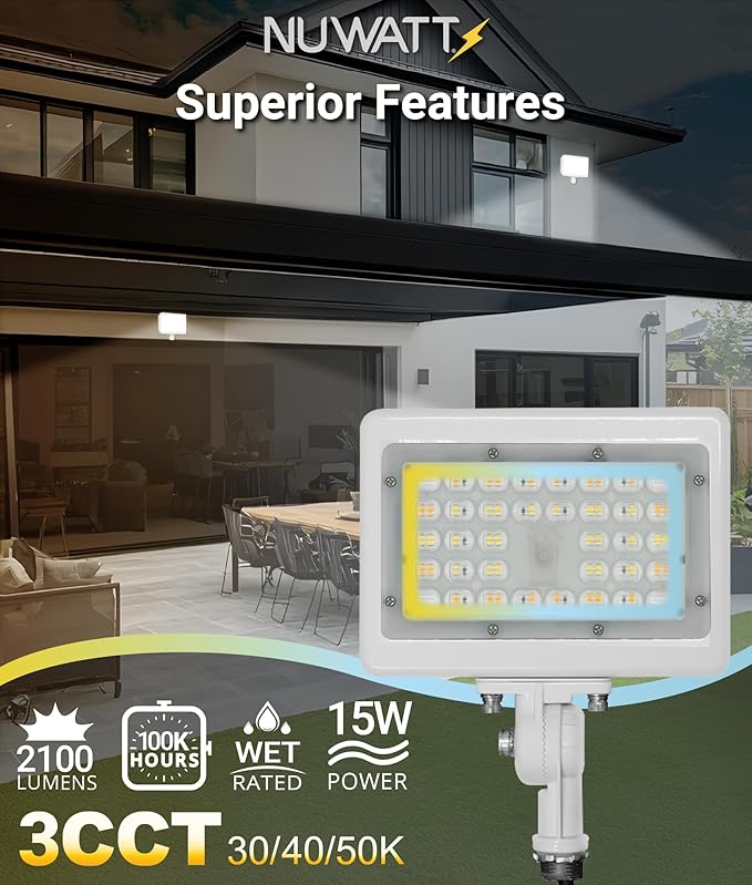 NUWATT 15W LED Flood Light, 3CCT 3000K/4000K/5000K Selectable, IP65 Waterproof Lighting, 1/2" Adjustable Knuckle Mount, 2100 Lumens, 120-277V, Outdoor Security Floodlight for Yard, White, UL