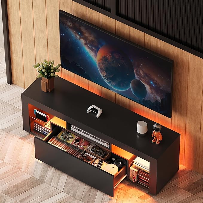 WLIVE TV Stand with LED Lights & 2 Large Storage Drawers, Modern Entertainment Center for 32/43/50/55/60 Inchs TVs, Sturdy TV Console for Living Room, Bedroom(Black)