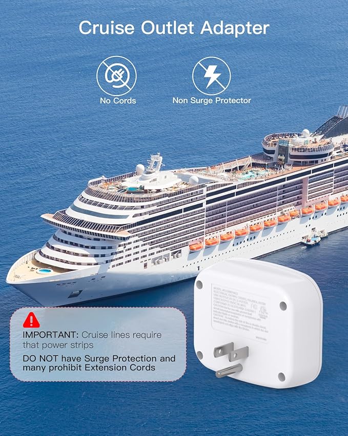 1 Pack Multi Plug Wall Outlet Splitter with USB, Non Surge Protector for Cruise Ship, Cruise Outlet with 3 Wall Outlets 4 USB Wall Charger(2 USB C), Small Travel Plug Adapter for Cruise,Travel,White