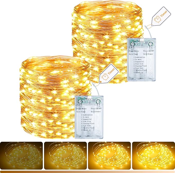 litogo 2 Pack Fairy Lights Battery Operated with Timer, 33FT 100LED Twinkle String Lights USB-C Powered 8 Modes Dimmable for Indoor Bedroom Centerpiece Wedding Classroom Dorm Christmas Decorations