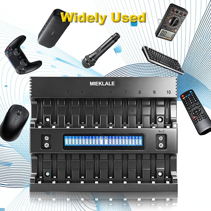 MIEKLALE 20+2 Bay AA AAA Battery Charger with Smart LCD Display Fast Charging for AA AAA NiMH NiCd & 9V Rechargeable Batteries, 2 Separate Charging Slot for 9V Batteries