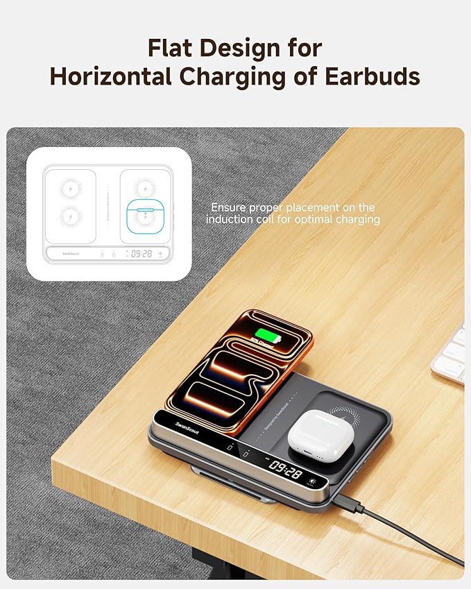 Dual Wireless Charger Stand, SwanScout 504, Foldable Wireless Charging Station Pad for iPhone Air/17/16/15/ Series, Samsung Galaxy S25/S24/S23, Android Phones, AirPods/Galaxy Buds (Black & Tech Grey)