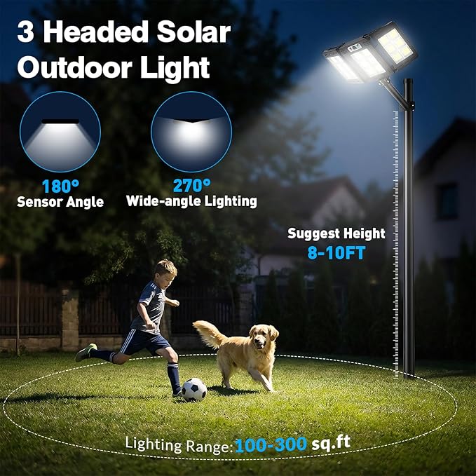 JWT Solar Street Lights Outdoor Waterproof - Solar Powered Parking Lot Light Dusk to Dawn 7000LM, 3-Head Folding Motion Sensor Commercial LED Solar Flood Lights Waterproof Remote Control for Outside