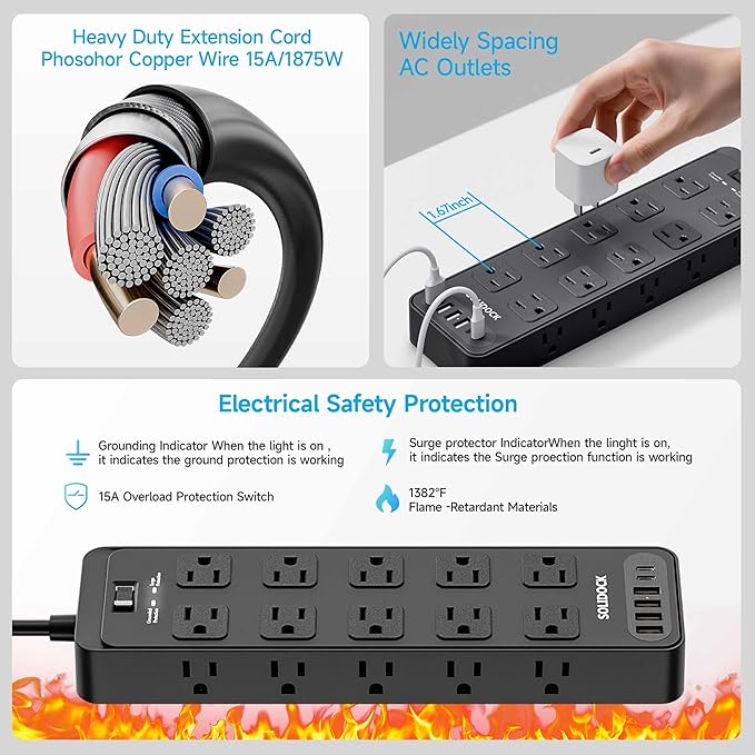 Solidock Power Strip Surge Protector Flat Plug with 20 AC Outlets 6 USB Chagring Ports, 1875W/15A, 2700J, 10 Ft Heavy Duty Extension Cord for Home, Office, Dorm, Gaming,ETL Listed (Black, 10 Feet)