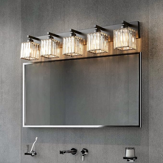 FDPBY Modern Black Crystal Bathroom Vanity Light - 5-Lights Wall Light Fixtures