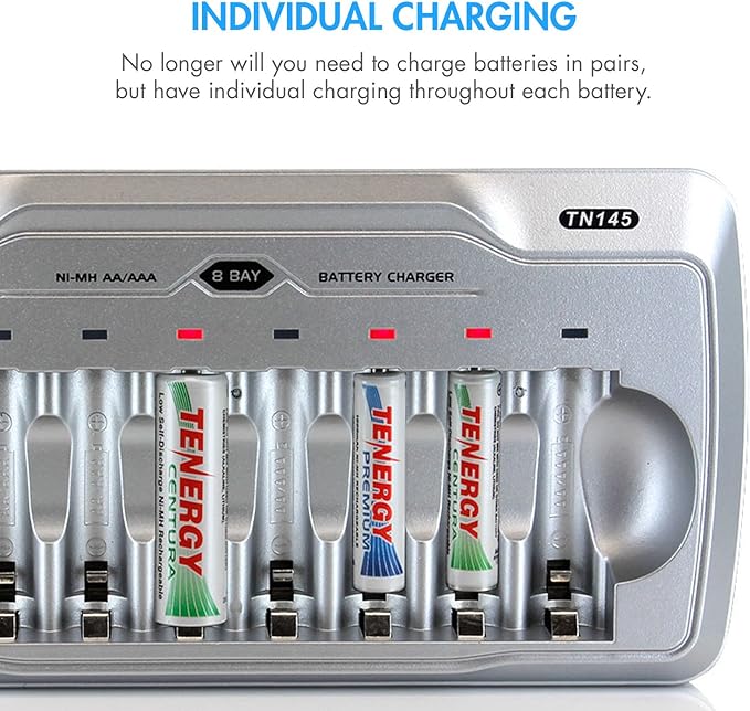 Tenergy TN145 8 Bay Charger and 8 Pack Rechargeable AA Batteries, Independent Charging, UL & CE Certified