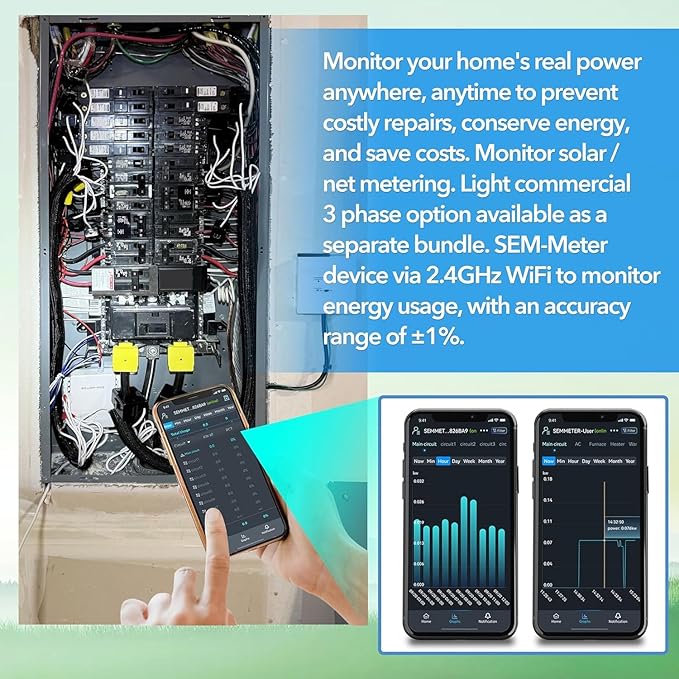 Smart Home Energy Monitor, Measure Power Usage in Real-Time, History with App (2 200A Circuit Level Sensors) - Compatible with Home Assistant