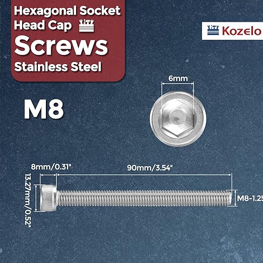 Kozelo 5pcs Socket Head Cap Screws - [M8-1.25 x 90mm] 304 Stainless Steel Allen Socket Drive for Electrical Motor 3D Printing Fan Engine Replacement Use, Silver