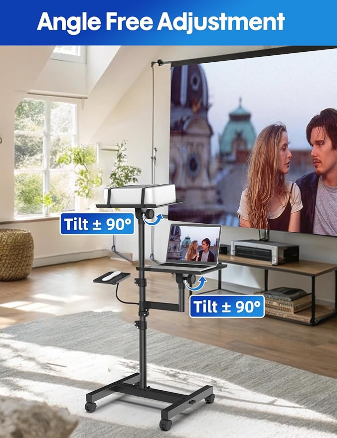 ORWOD Projector and Laptop Stand Tripod, 2 Shelves Mobile Laptop Tripod Stand, Max 47" Height Adjustable Laptop Cart on Wheels, Projector Floor Stand with Ventilated Tray for Podium, Meeting, Couch