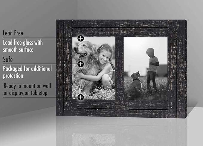 Americanflat Hinged 5x7 Double Picture Frame with 2 Photo Openings and Polished Glass - Distressed Wood Collage Picture Frames for Tabletop and Wall Display - Hampton Collection - Charcoal Black