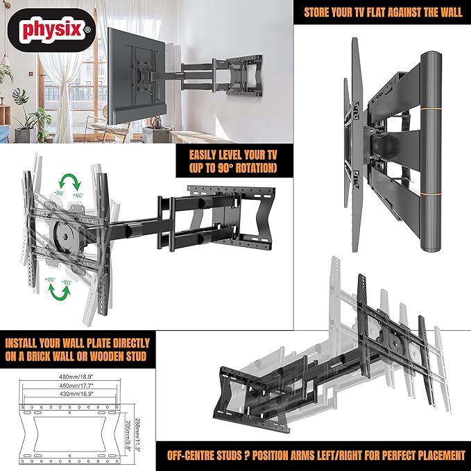 Physix 4100 Long Arm TV Wall Mount for 32-85 inch Screens Extra Long Extension Up to 40 Inch Heavy-Duty TV Mount Holds up to 120 lbs Full-Motion, Swivels Up to 180° Max. VESA 600x400