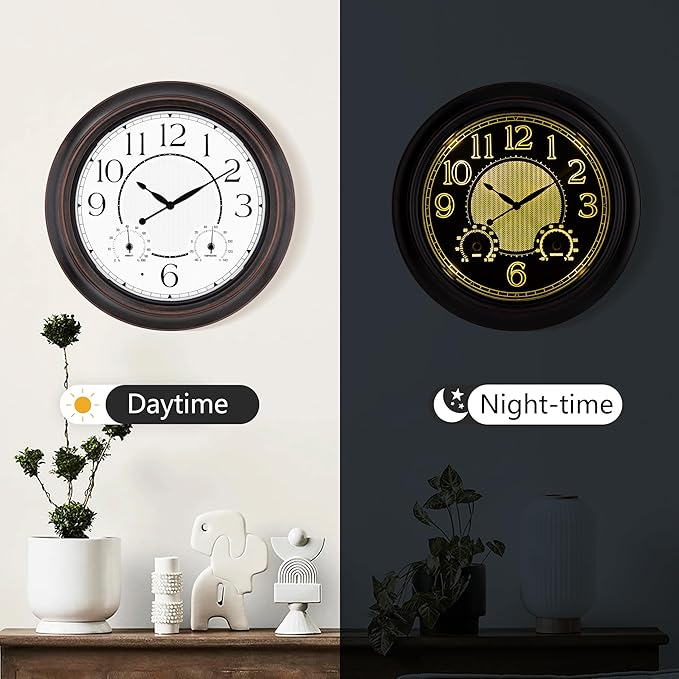 Koosome Outdoor Clocks Waterproof 18 Inch, Large Wall Clock with Thermometer & Hygrometer, Illuminated Battery Operated Clock with Smart Sensor for Patio, Pool, Garden, Porch, Living Room