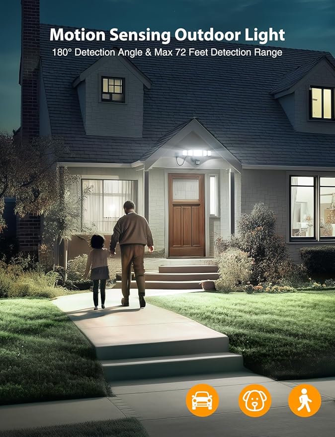 Onforu 5000LM Motion Sensor Outdoor Lights Plug in, 5 Head Motion Sensor Flood Light Outdoor with Remote, Dusk to Dawn Outdoor Lighting, IP65 Waterproof Motion Detector Lights for Outside, Black