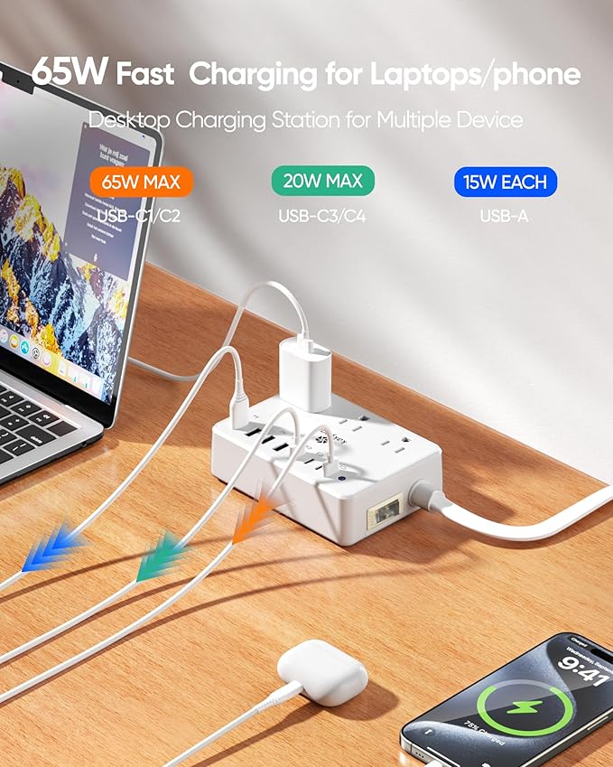 Kakyanill 100W Charging Station, 6 AC Outlets 8 USB Power Strip with 2000J Surge Protector, 5ft Flat Plug Extension Cord, Compact for Desk Home Office Dorm, White
