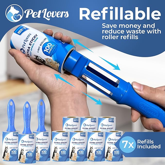 PetLovers Extra Sticky Lint Roller Mega Value Set 1000 Sheets for Pet Hair Removal, Dog and Cat Lint Remover 10 Pack