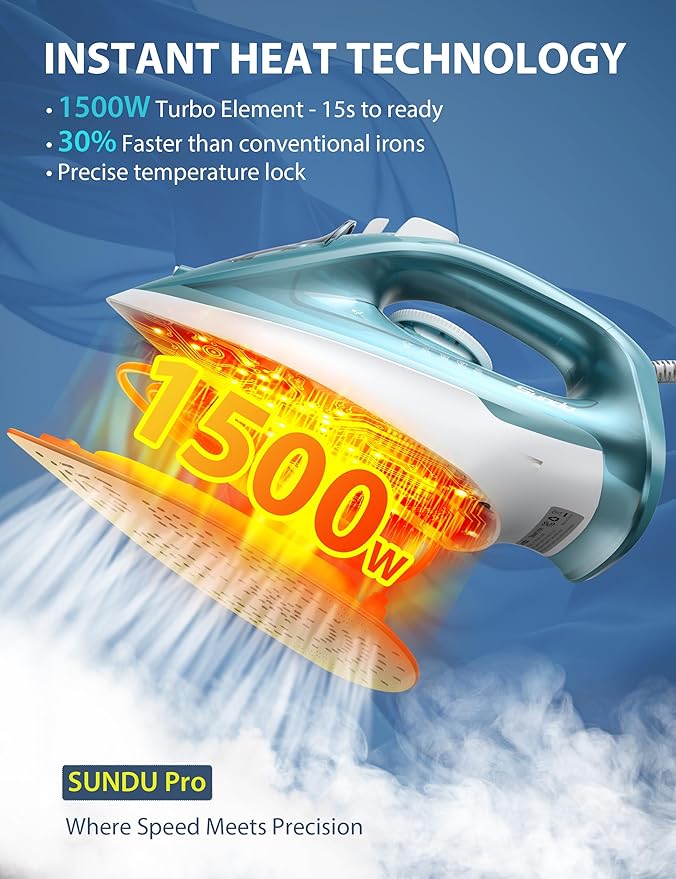 Steam Iron for Clothes - 1500W Iron with Ceramic Coated Soleplate, Rapid Heating, Self-Cleaning, Auto-Off, 11.84oz Water Tank, Precise Thermostat, Home Use Green