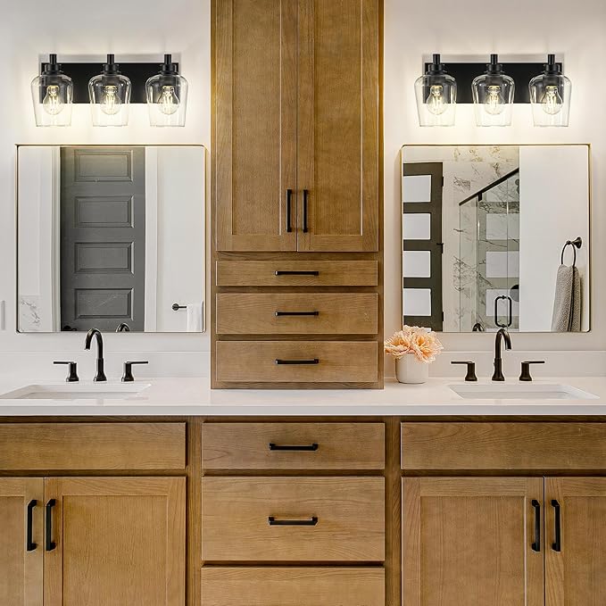 METWET Bathroom Light Fixtures, 3-Light Modern Vanity Light with Clear Glass Wine Glass-Shaped Shade, Vanity Lighting Fixtures Over Mirror, Matte Black, VL155-MB-3