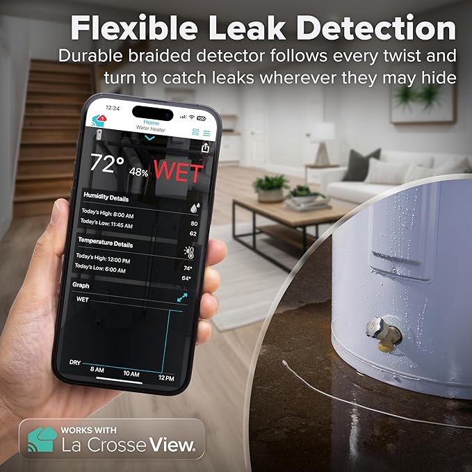 Leak Geek Pro Wi-Fi Alert System: Bridge Gateway, 3 Water Spot Detection Sensors, a Water Leak Area Detection Sensor with 76-inch Cable, and an Interior Temperature and Humidity Sensor Display