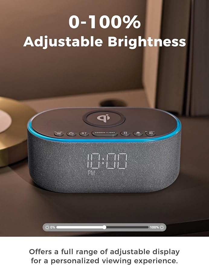 Odokee Wireless Charging Alarm Clock Radio: Qi Certified Fast Wireless Charger for iPhone Samsung - 10W Stereo Bluetooth Speaker - Dimmable Digital Clock with FM Radio for Bedroom Gray