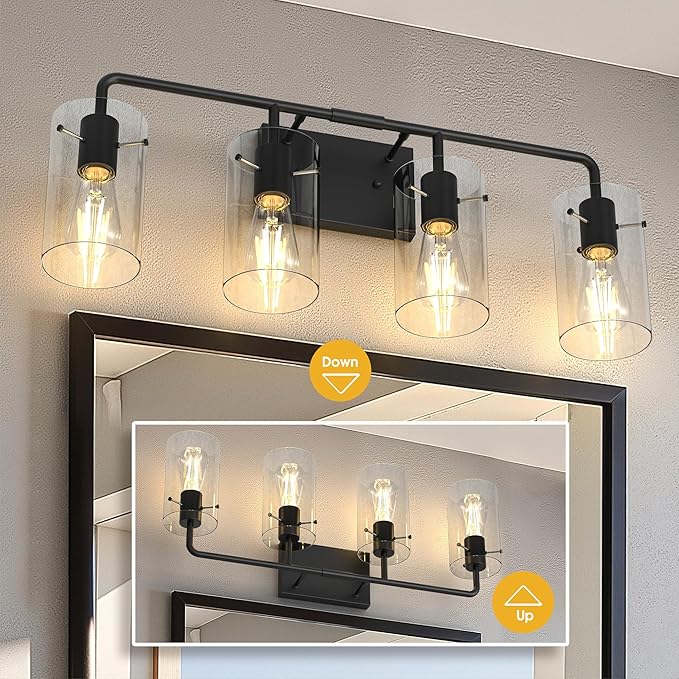 L LOHAS LED 4-Light Bathroom Light Fixtures, 26.37" Black Bathroom Vanity Light with Straight Glass Shades, Modern Vanity Lights for Mirror Living Room Hallway, E26, ETL Listed