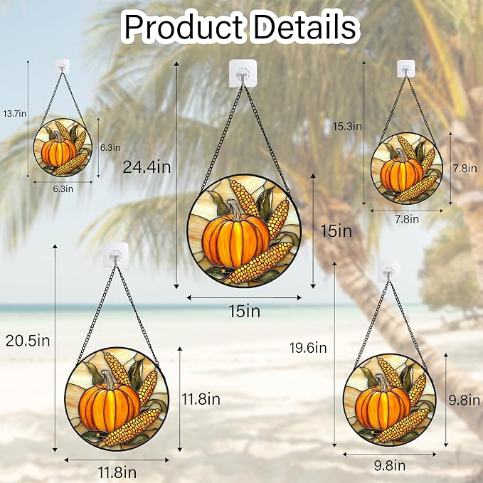 DASTOLL Stained Glass Window Hanging Autumn Harvest Pumpkin Corn Large 11.8" - Suncatcher Door Garden Kitchen Sunroom Sun Catcher Fall Home Decor Birthday for Mom Grandma Men Woman