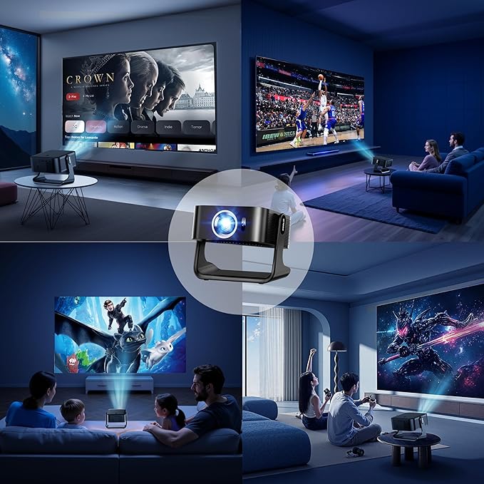 [Compatible with Netflix & Support 4K] 1080P HD Mini Projector Dual Band WiFi6 5G and BT 5.4 Auto Focus & Obstacle Avoidance Portable Outdoor Projector, 270° Adjustable Stand for Home Movie - Black