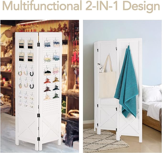 Wnutrees 4 Panel Pegboard Display, 5 Ft Wood Folding Privacy Screens Room Divider, Portable Freestanding Display Board for Craft/Art Shows, Retail, Events, Wall Organizer, Rustic Barnwood, White