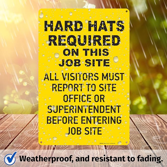 Brimar - 12" x 18" - Hard Hats Required on Job Site Sign - .063″ White Rust-Free Aluminum - High Visibility - Easy Installation