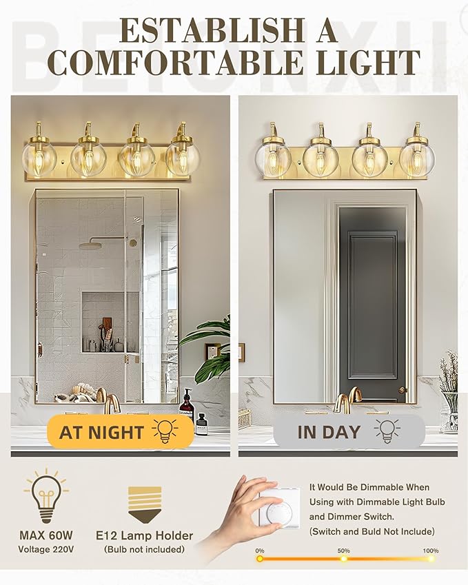 Beionxii 4-Light Bathroom Vanity Light Fixtures, 3 Light Brushed Gold Bathroom Light Fixtures with Clear Glass Shade, Modern Wall Sconces Lighting Over Mirror, Living Room, Hallway, BX-VL03BG-4CG
