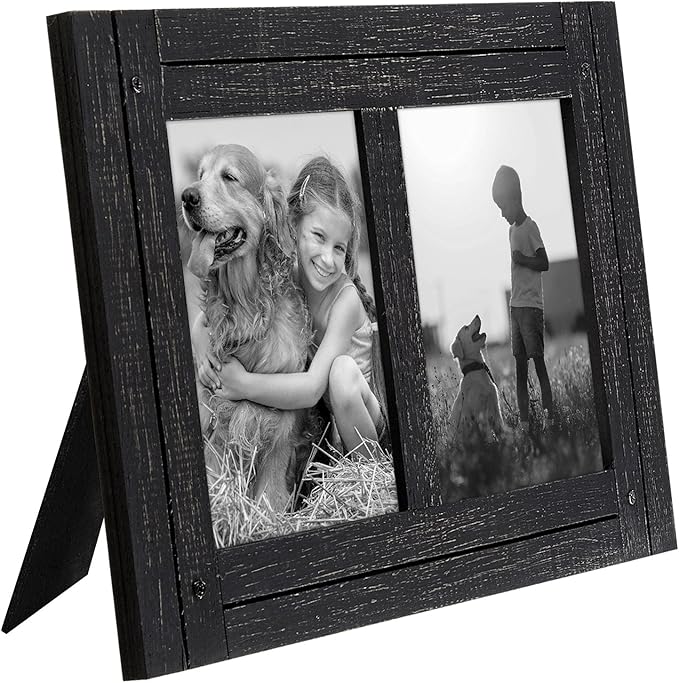Americanflat Hinged 5x7 Double Picture Frame with 2 Photo Openings and Polished Glass - Distressed Wood Collage Picture Frames for Tabletop and Wall Display - Hampton Collection - Charcoal Black