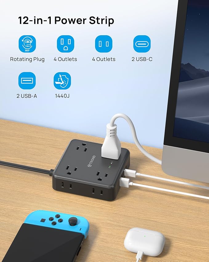 TROND 360° Rotating Flat Plug Power Strip, 5FT Flat Extension Cord with Multiple Outlets 4 USB (2 USB C), Wall Mount Surge Protector 1440 Joules for Home Office Travel Dorm Room Essentials, Black