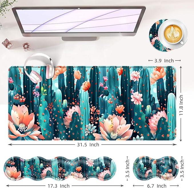 BFUKVOU Large Keyboard Mouse Pad Set, Extended Mouse Pad+Keyboard Wrist Rest Support, Memory Foam Ergonomic Easy Typing, 4Pcs (31.5×11.8 in) Desk Pad Set for Office Home,Cute Cactus Blooming Flowers