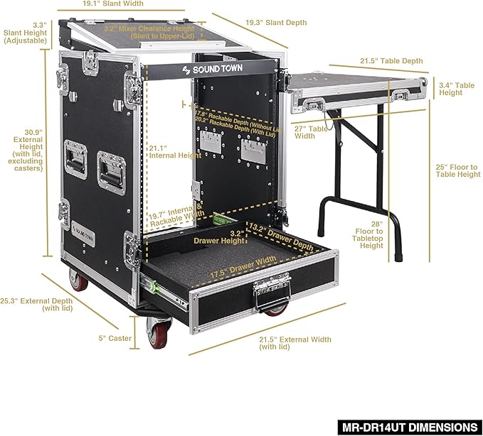 Sound Town 14U PA DJ Pro Audio Rack/Road ATA Case with 2U Drawer, 11U Slant Mixer Top, DJ Work Table, Casters, Pro Tour Grade (MR-DR14UT)