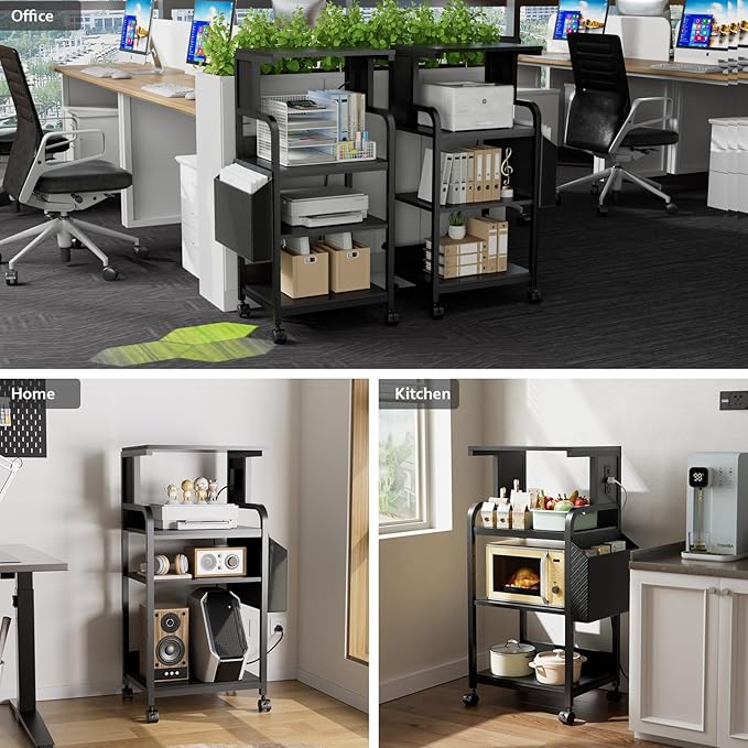 DongRong Tall Printer Stand with Storage Adjustable Shelf and Bag, 4-Tier Large Printer Table with Charging Station for Home Office, Printers Cart with Wheels for 3D Shredder Scanner Fax (Black)