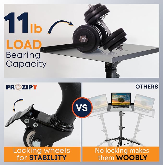 Prozipy Laptop & Projector Tripod Stand Adjustable Height 26 to 51” Wheely Portable Laptop Stand With Gooseneck Phone Holder - For Movie, Meeting, Book, DJ Equiqment