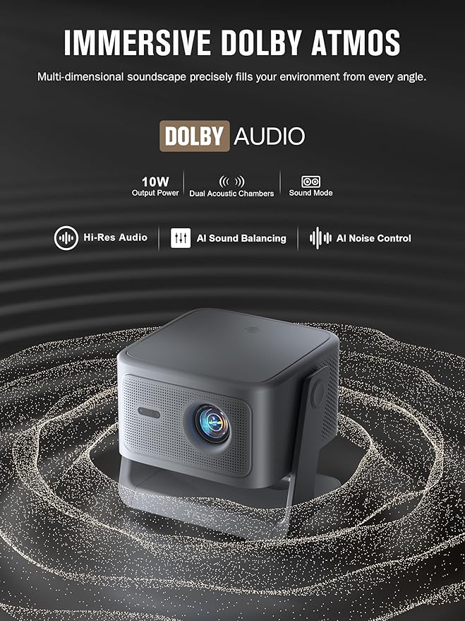 【2200ANSI & Officially-Licensed APP】Smart 4K Projector with WiFi and Bluetooth, VISSPL 3D Dolby Audio and Auto Focus Portable Outdoor Projector, Movie Home Theater Proyector with 360° Adjustable Stand