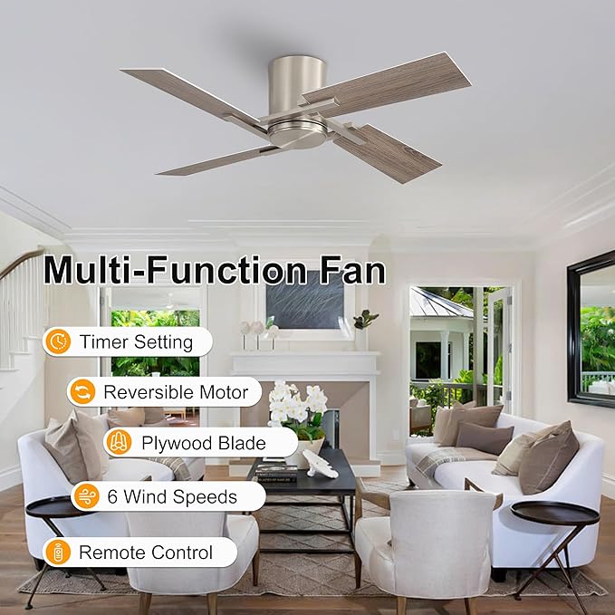 WINGBO 48 Inch Flush Mount Ceiling Fan without Light - 4 Plywood Blades, 6-Speed Reversible DC Motor, Noiseless Low Profile Ceiling Fan No Light for Bedroom Living Room, Nickel and Silver/Gray
