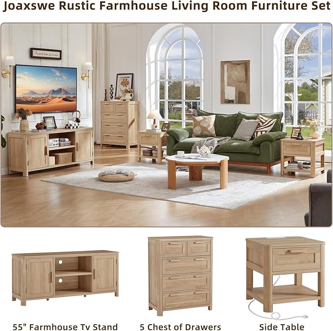 Joaxswe Farmhouse 55" Entertainment Center, Natural Oak Tv Stand with Adjustable Shelves & 2 Door Storage,Wood Media Console Cabinet for TVs Up to 65 inches, Rustic Tv Stands for Living Room,Bedroom